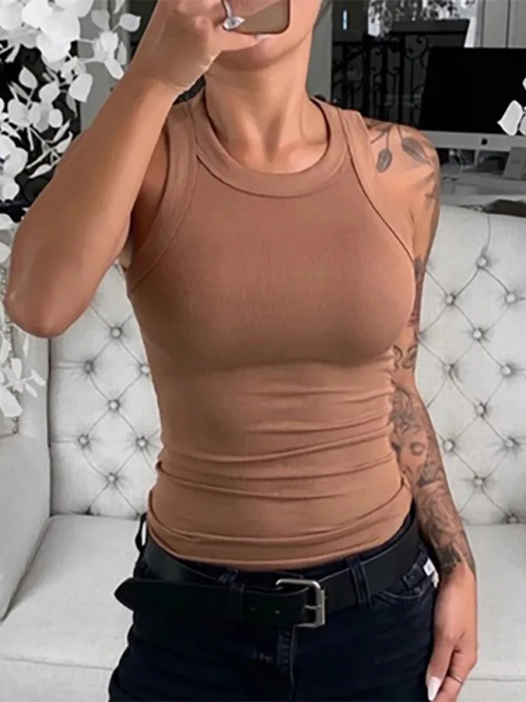 Camiseta sin mangas acanalada con cuello redondo para mujer, Top liso elástico básico de verano, Top de camiseta sin mangas firme con cuello redondo