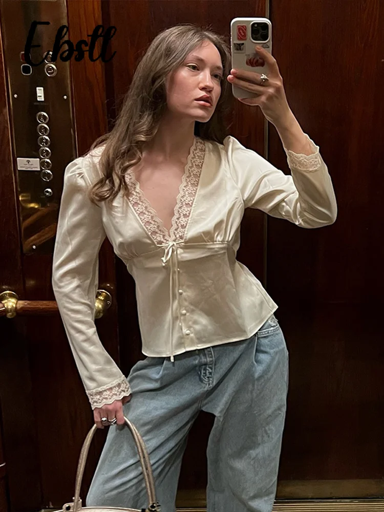 Solid Lace Splicing T-shirt 2026 Summer Female Chic Bow Lace-up V Neck Short Sleeve Shirts Women's Fashion Top Streetwear 5