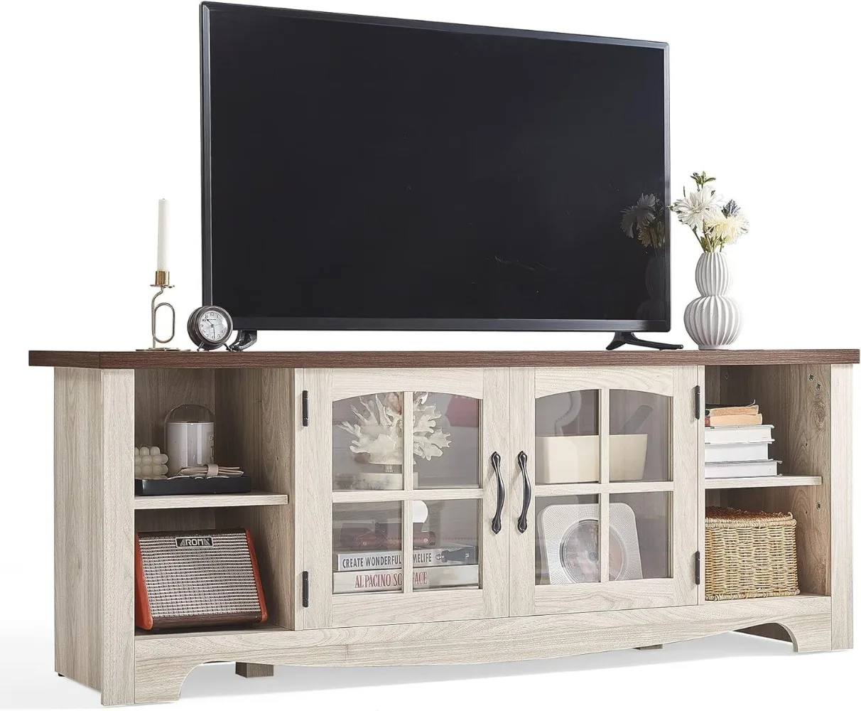 

LINSY HOME Farmhouse TV Stand for 65 Inch TV, Wood Entertainment Center with Glass Door Storage Cabinet & Adjustable Shelves