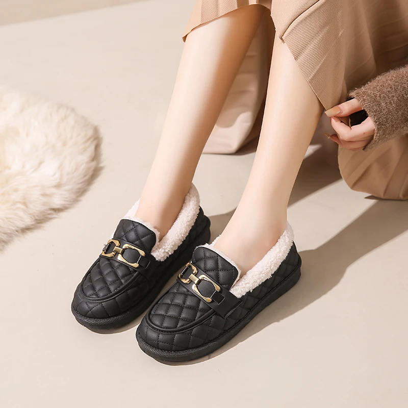 

2023 Shoes for Woman Flat with Round Toe Casual Female Shoes Slip-on Warm Short Plush Winter New Comfortable Female Snow Shoes