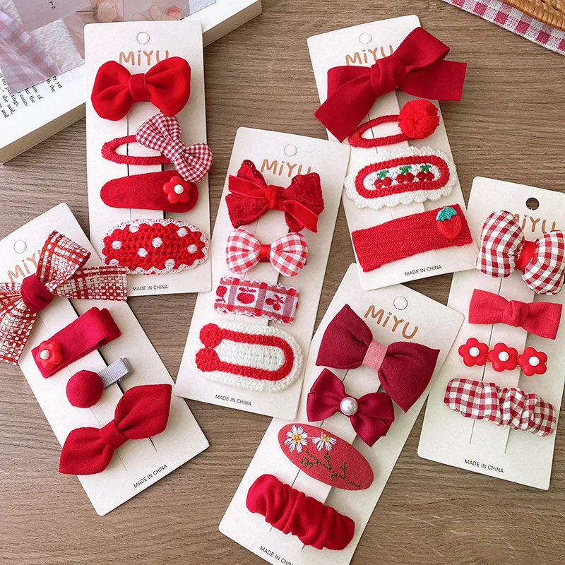 4pc New Red Color Dot Floral Print Basic Snap Baby Hair Drop Clips Wool Knit Hair Clamp Pins Hairpins Cotton BB Barrettes Girls