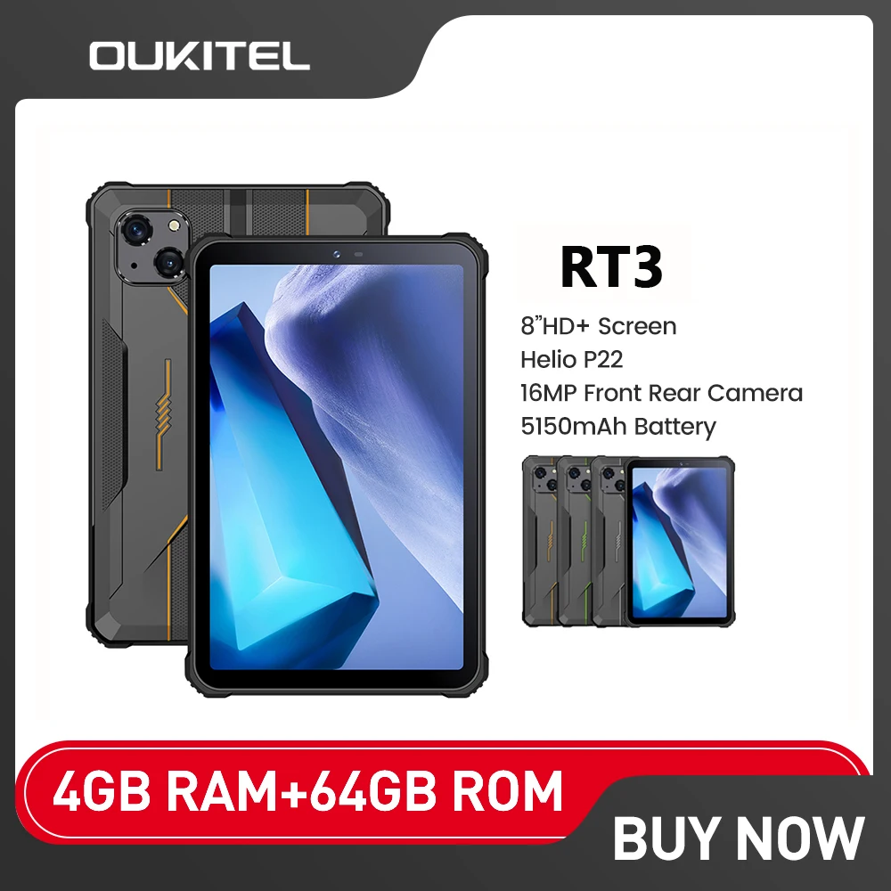 

Oukitel RT3 Mini Rugged Tablet 8 Inch HD+ 5150 mAh 4GB+64GB Android 12 Tablets IP68&IP69K waterproof Helio P22 16MP Camera P