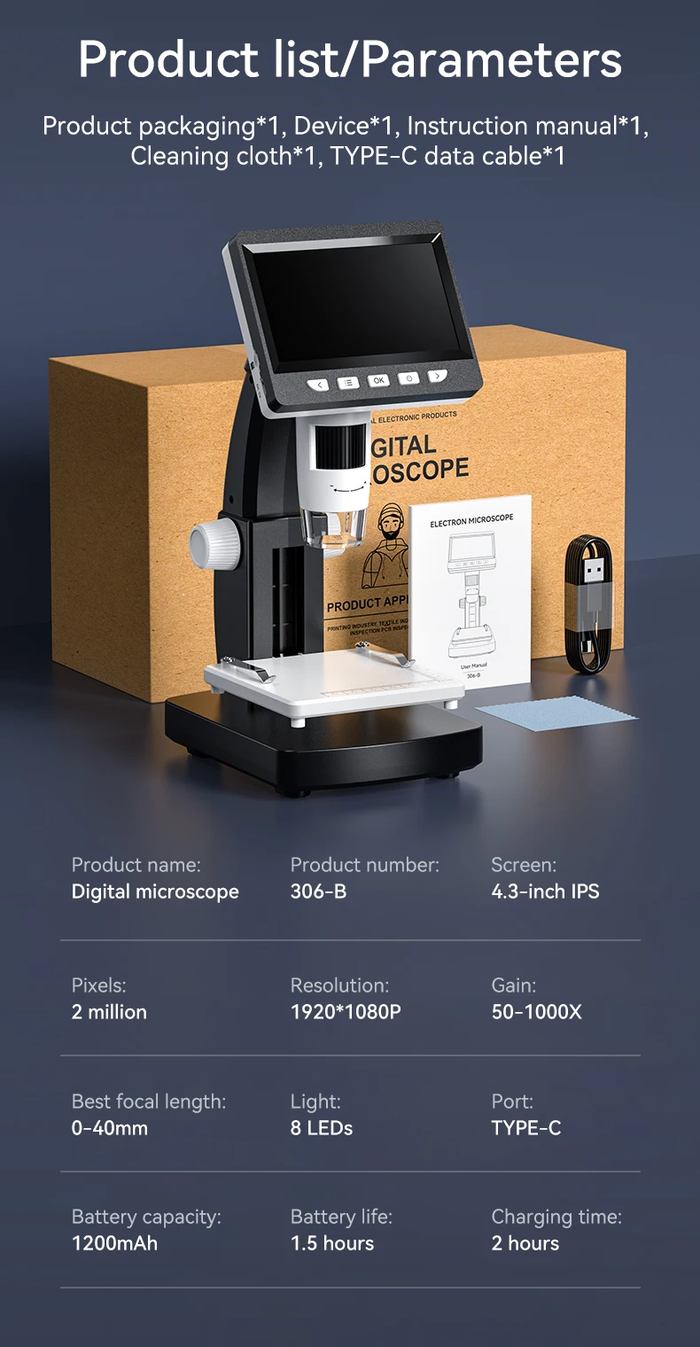 1000x microscope with rechargeable battery and lcd display