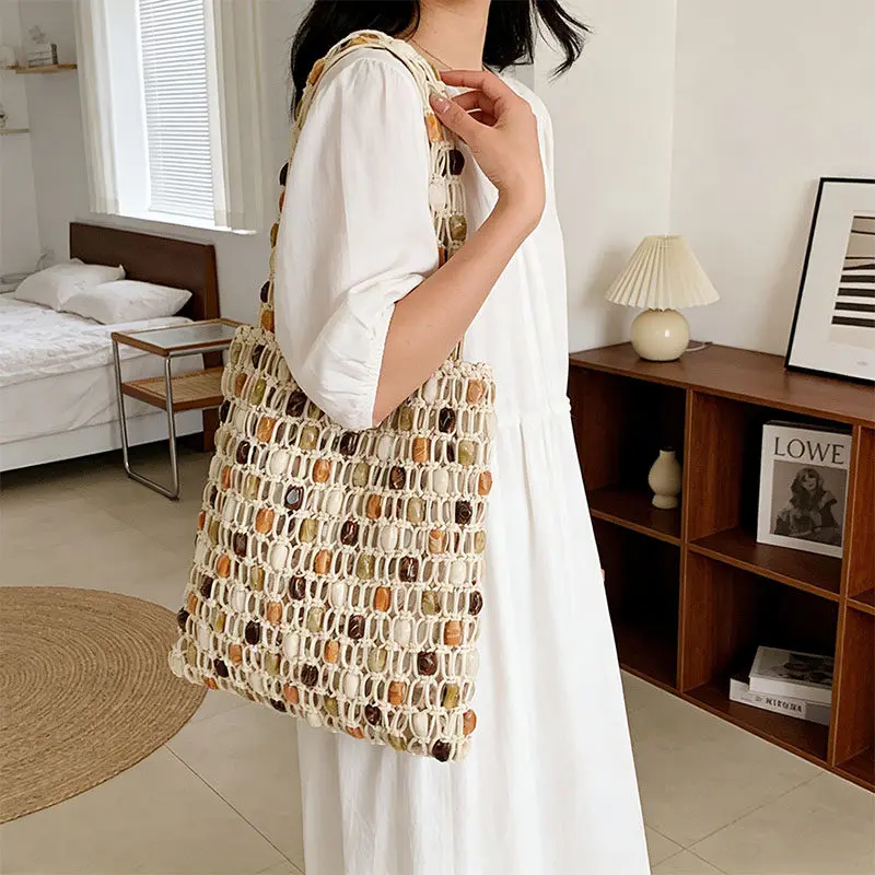 Borsa Vintage Artigianale con Perline, Borsa a Secchiello di Lusso Traforata di Design, Nuova Borsa Estiva da Spiaggia per Donne - immagine 4