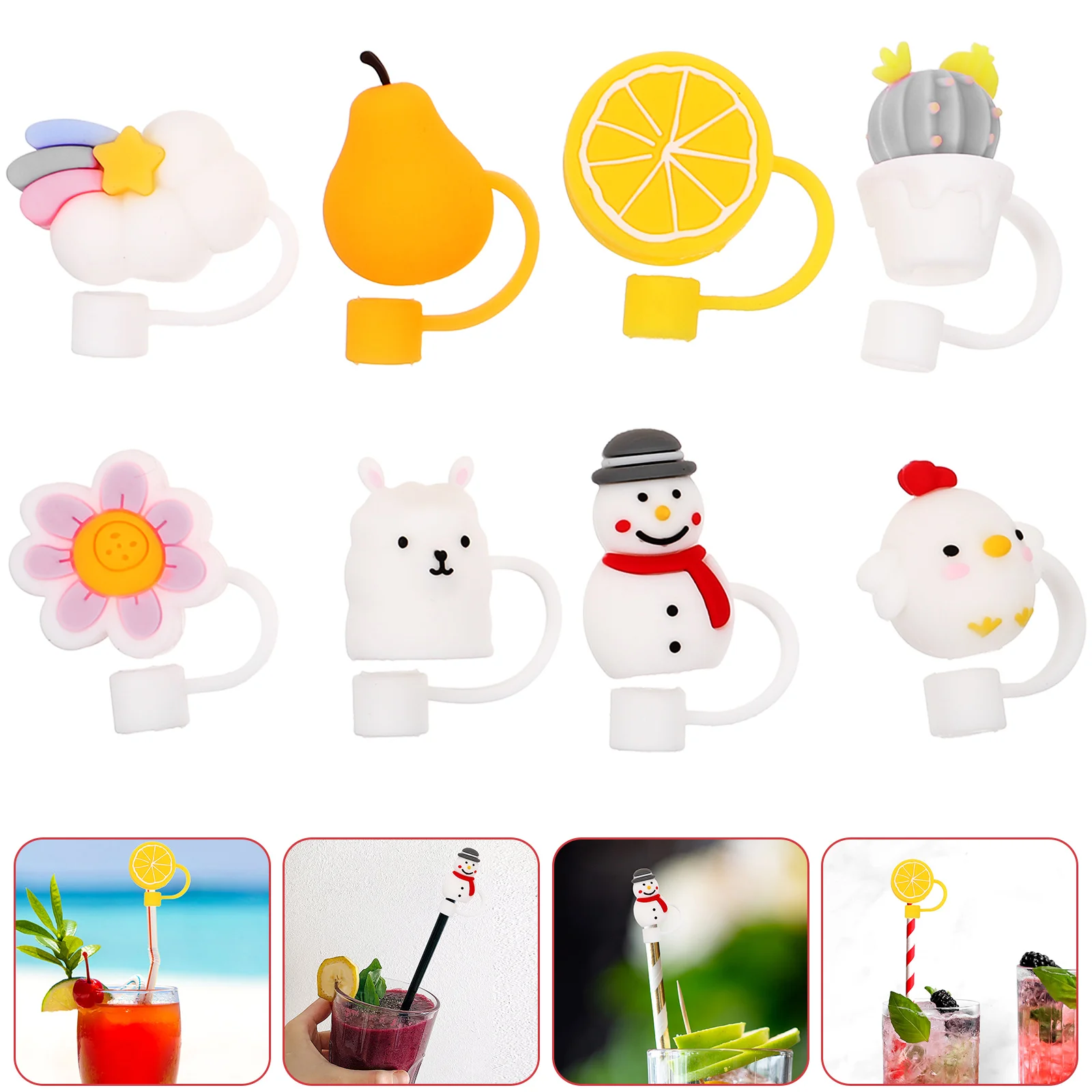 

8 PCS Straw Dust Plug Silicone Covers Lid Cute Caps Sombreros Drinking Hats Tips Protector Lemon