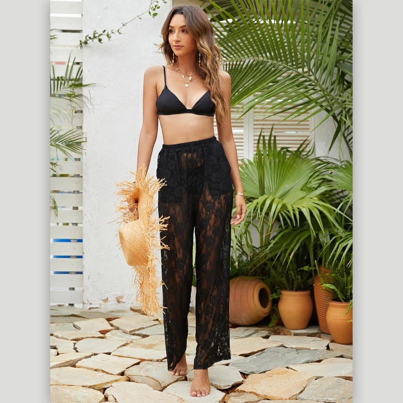 Womens Sheer Mesh Cover Up Pants High Waist Sexy Hollow Out Floral Lace Bikini Bottom Wide Leg Beach Palazzo Trousers