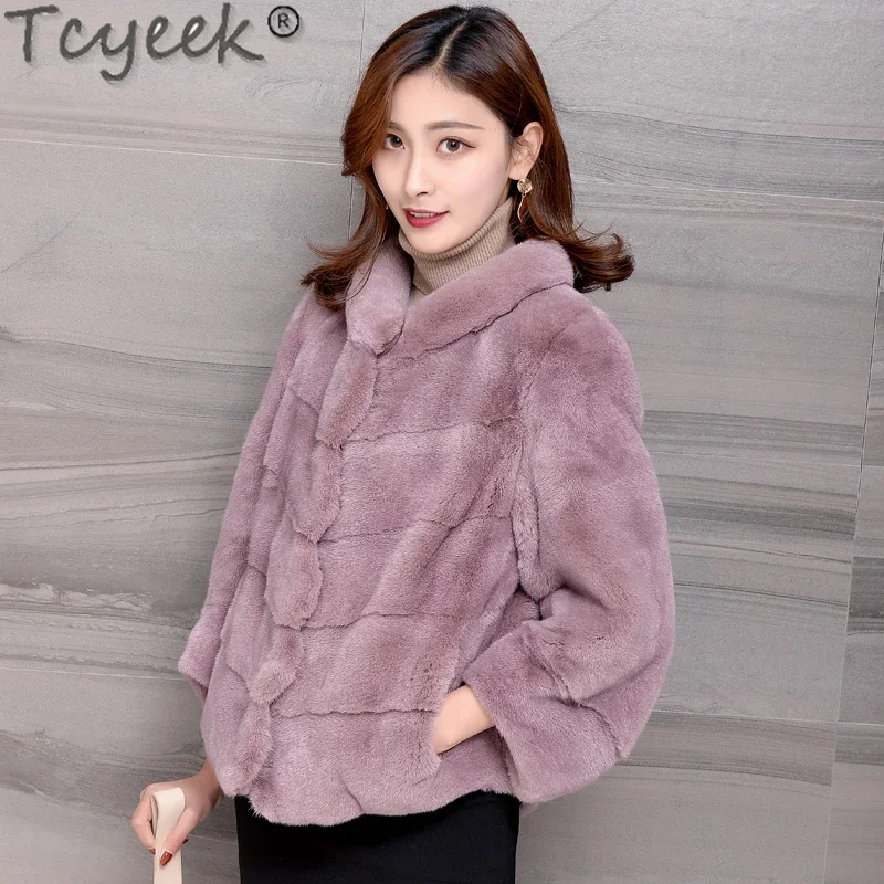 Tcyeek High-end Real Fur Coat Women Natural Female Mink Fur Coats Stand Collar Winter Clothes Women\'s Fur Jacket Fourrure Femme