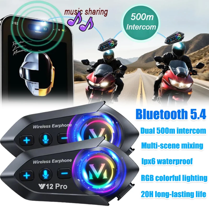 Y20 Pro 1/2x Motorcycle Intercom Headset Helmet BT 5.4 intercommunicator 300M FM Radio Hands-free Call Music Sharing Interphone