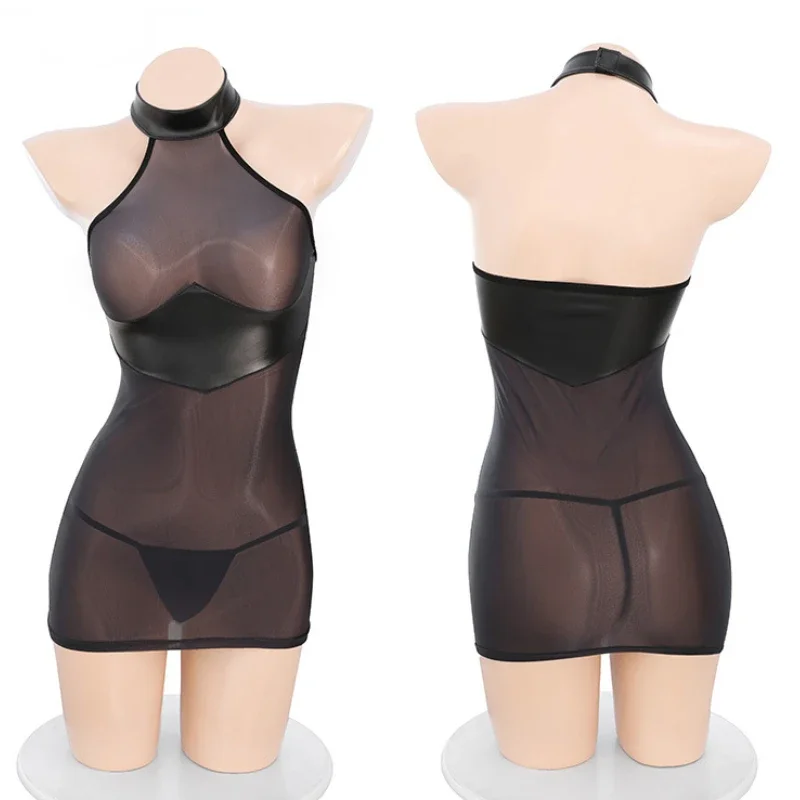 

Sexy Mesh See Through Glossy Mini Dress for Women Pu Leather Nightdress Role Play Underwear Lingerie Club Outfits Nightgown Girl