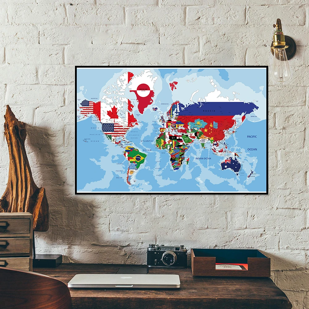 59*42cm Map of The World In English Canvas Painting Art Poster and Prints Unframed Picture Office Supplies Room Home Wall Decor
