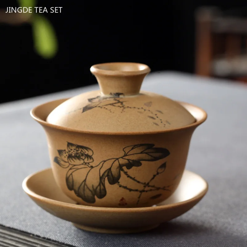 Yixing Purple Clay Gaiwan Teacup Hand Painted Tea Tureen Chinese Retro Tea Set Accessories Tea Ceremony Drinkware Home 140ml
