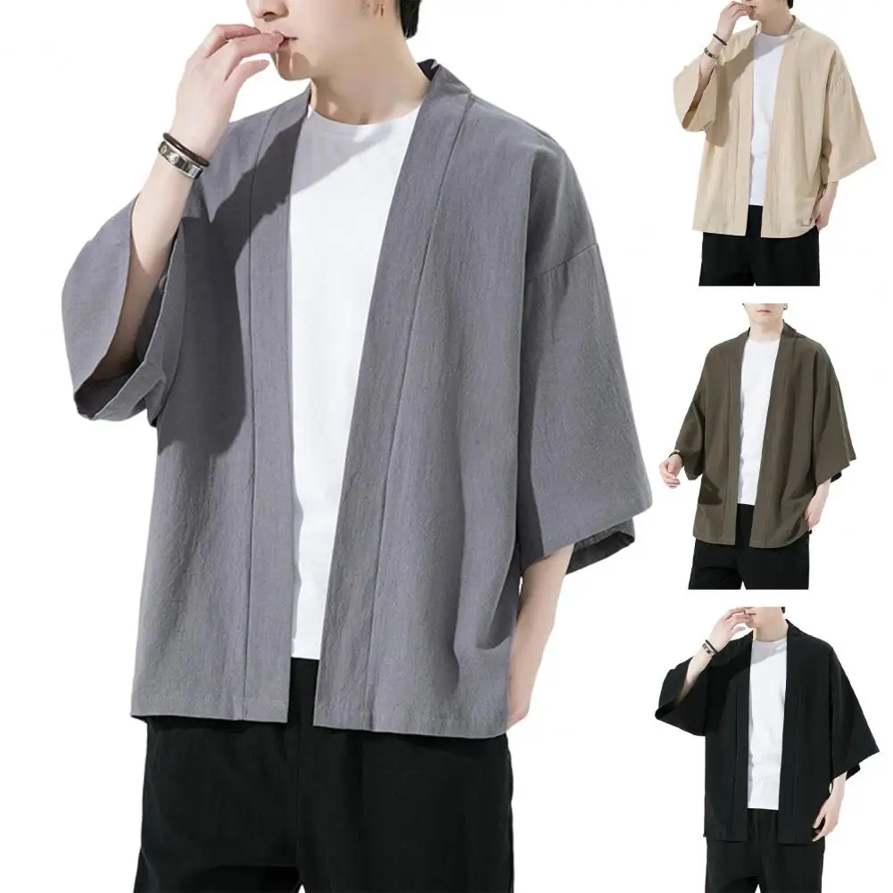 

Men Top Chinese Style Men's Summer Cardigan Plus Size Soft Breathable Fabric Quick-drying Sunscreen Top Men Solid Color Shirt