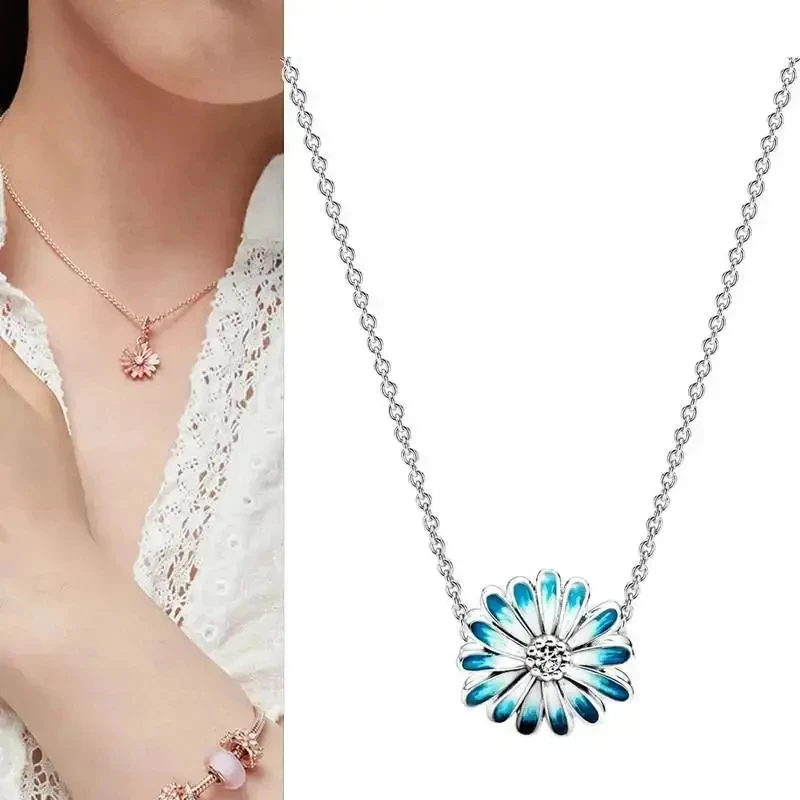 New Classic 100% 925 Silver Women's Ocean Heart Cat Eye Beads Exquisite Daisy Necklace Set DIY Charm Jewelry Gift