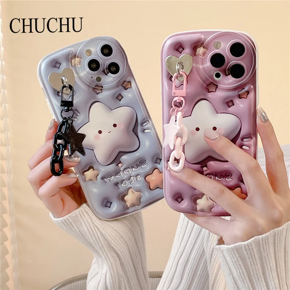 Cute 3D Glitter Star Pendant Keychain Soft Case for iphone 11 14