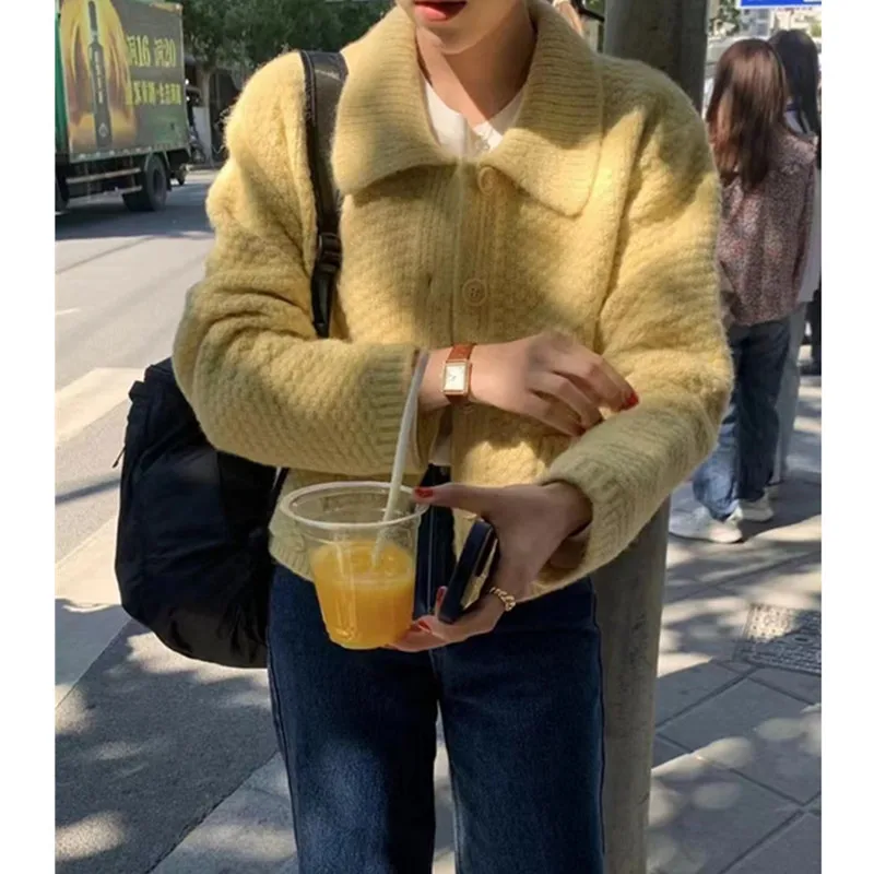 Fashion Lapel with Pockets Sweater Jacket for Women Autumn New Loose Fit Outerwear Button Long Sleeve Knitwear Cardigan Top