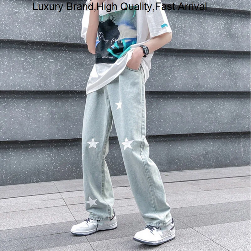 

Y2K Men's Clothes Star Printed Women Casual Denim High Street Straight Trousers Wide Leg Pants Baggy Jeans for Men