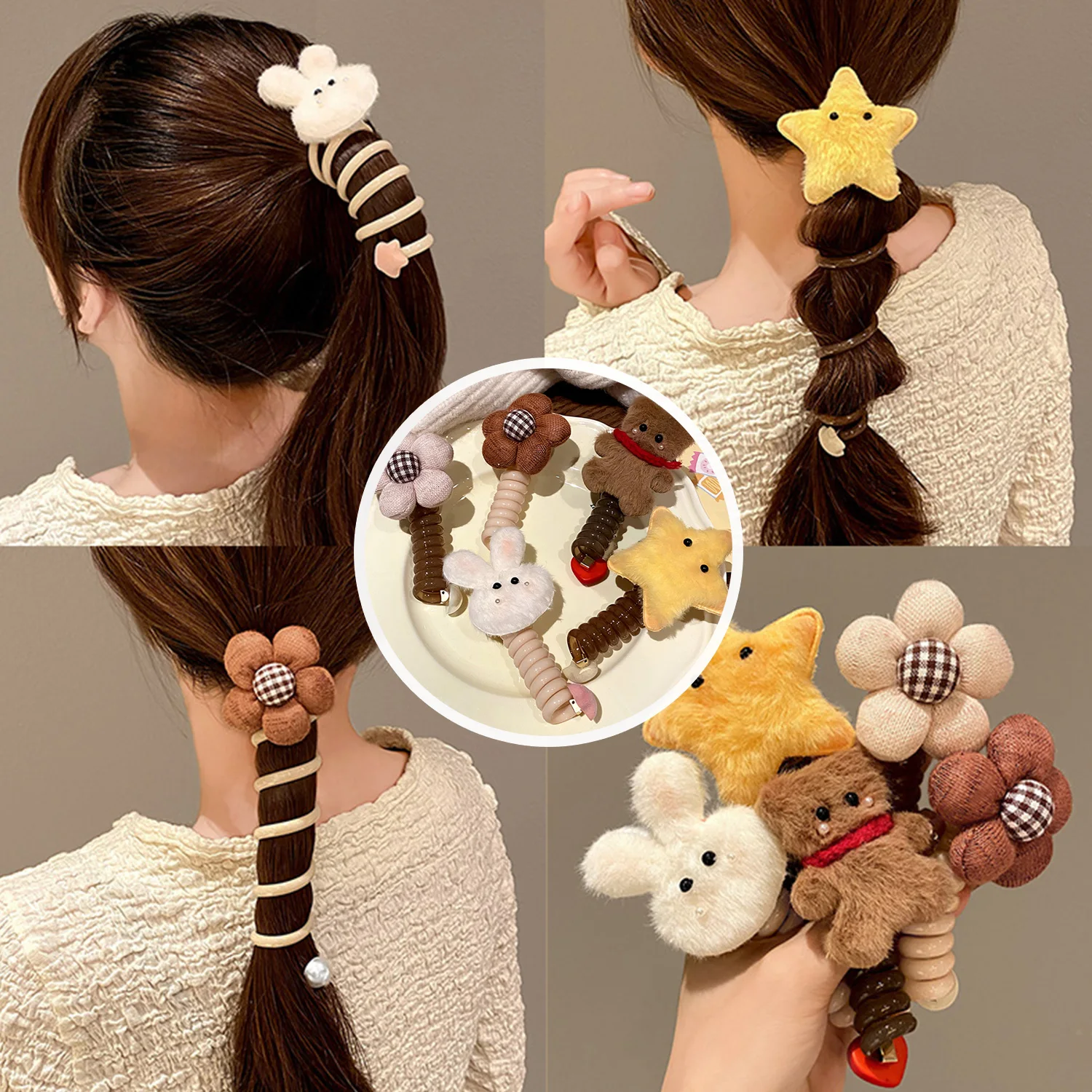 Cute Plush Rabbit Bear Telephone Line Hair Bands For Girls Sweet Flower Star Animal Ponytail Holders Colorful Hair Scrunchies meticulous painting manuscript flowers birds character animal chinese painting line draft ripe rice paper copying coloring draft