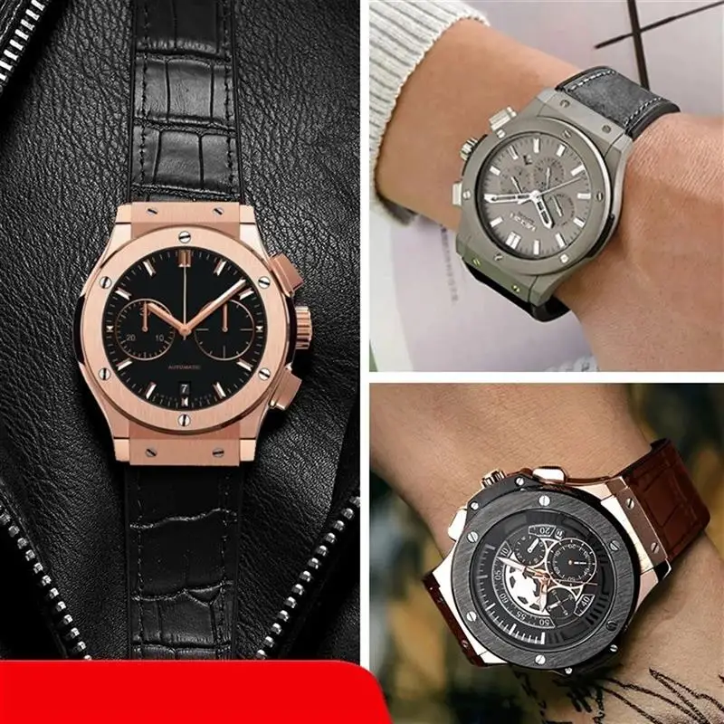 SCHIK New Real Cow Leather Rubber Brown Black Watch Band 26*19mm For Hublot Strap BIG BANG Watchband Stainless Buckle