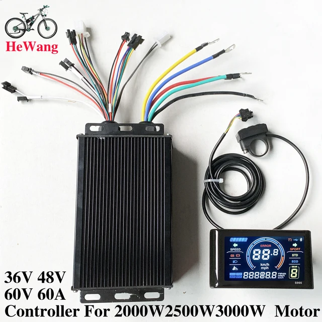 Contrôleur d'onde sinusoïdale de moteur sans balais de vélo électrique 36V 48V 60V 60A 2000W 3000W avec écran LCD couleur S966 pour Scooter de vélo de montagne électrique 1