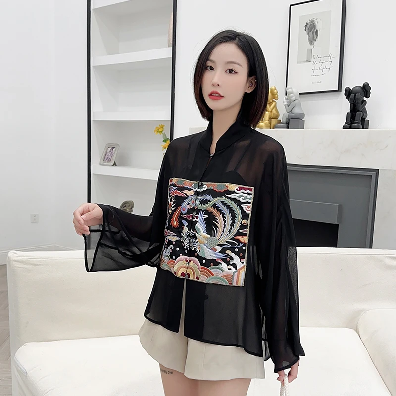 

Chiffon Chinese Style Women's Shirts Summer 2023 New Printed Vintage Blouses O-necks Ladies Loose Long Sleeves Tops YCMYUNYAN