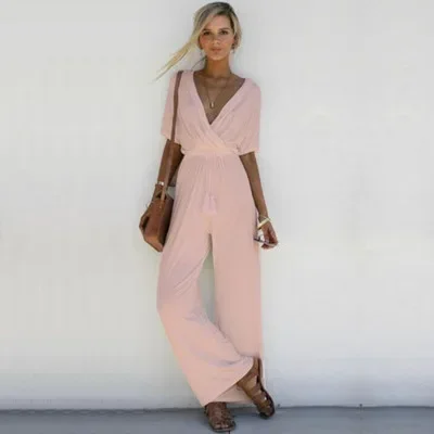 Women Summer Loose Short Sleeve Casual Jumpsuit Ladies Elegant V-Neck Fashion Clubwear Wide Leg Slim Pants Trouser lace-up waist