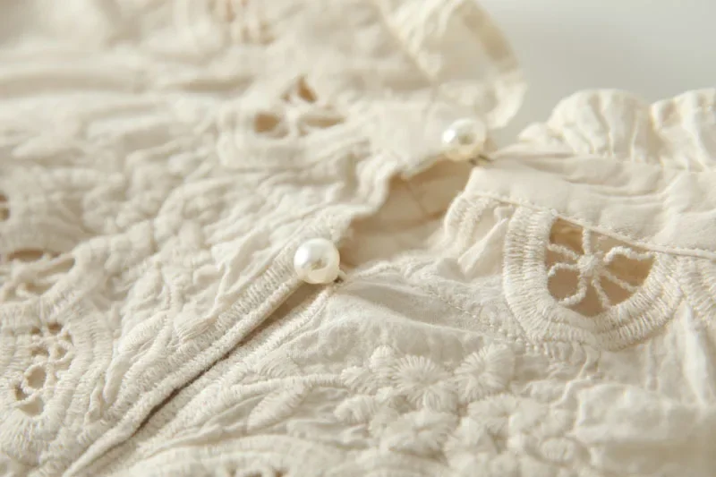 Vintage Cotton Embroidery Eyelet Lace Ruffled Collar Long Sleeve Blouse Spring Elegant Chic Victorian Edwardian Hollow Out Shirt