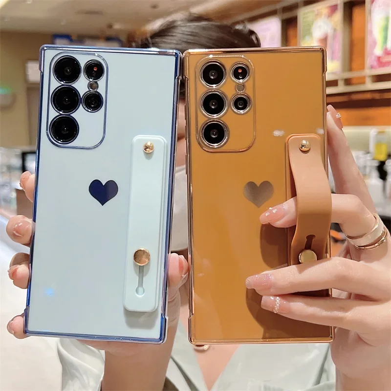 Wrist Strap Holder Plating Love Heart Shockproof Phone Case