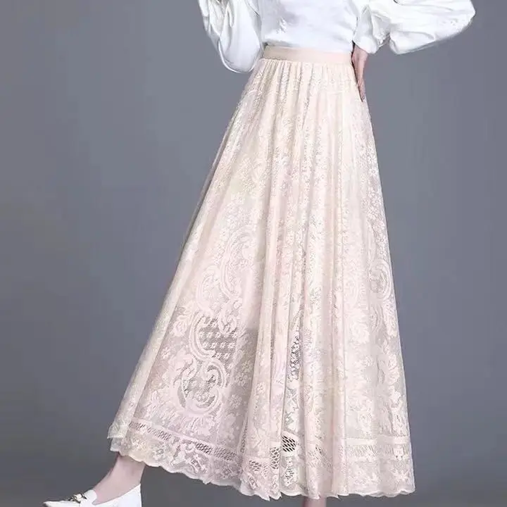Plus Size Women Lace Skirt Women Niche Autumn New Mid-length Skirt with Large Hem Mesh and Empty Elegant Pleated Vintage Skirt 4
