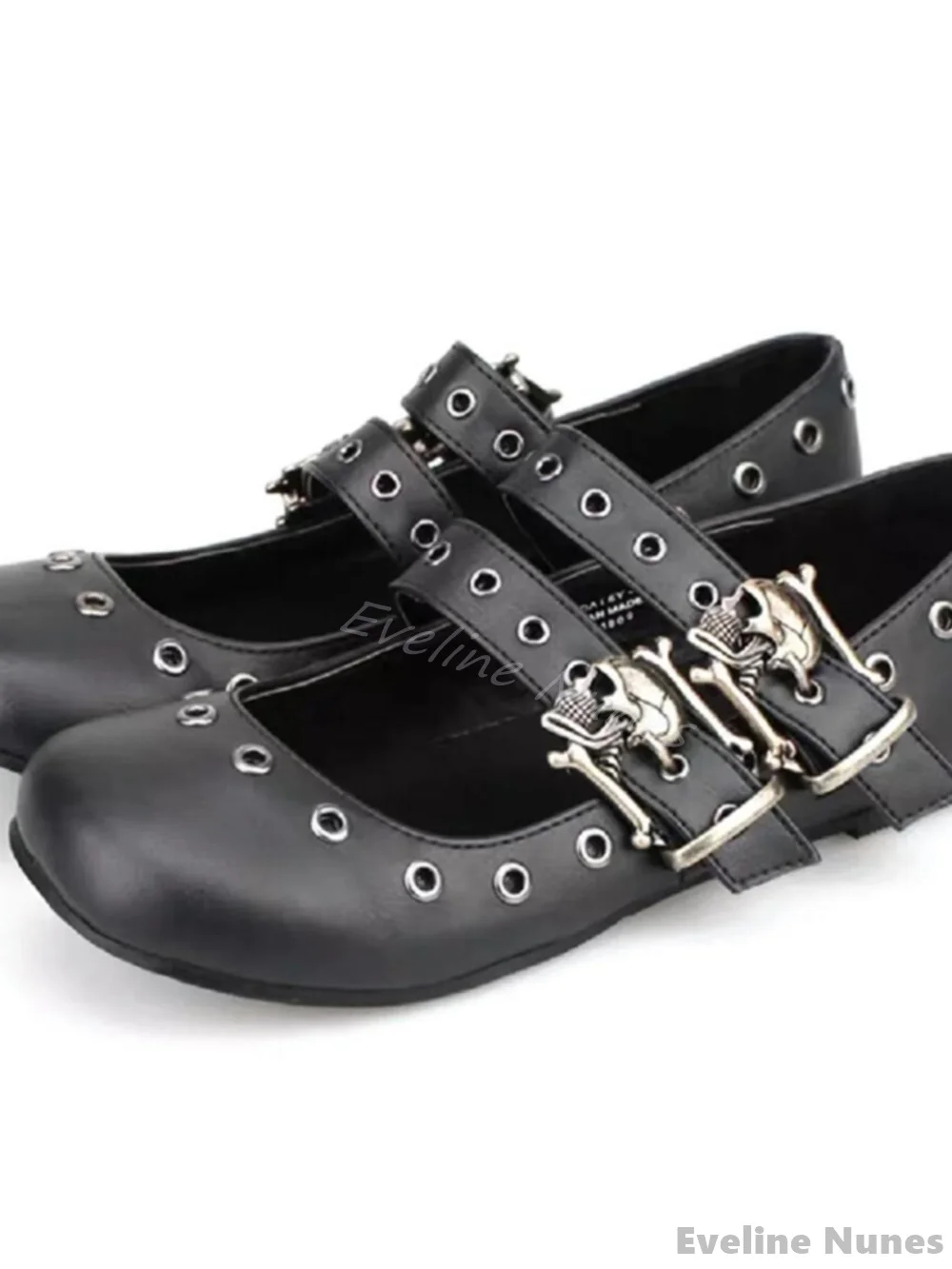Gothic Punk Style Double Buckle Rivet Pumps Women Round Toe Skull Cute Flat Bottom Mary Jane Ballet Shoes 2025 New Leather Shoes 3