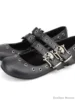 Gothic Punk Style Double Buckle Rivet Pumps Women Round Toe Skull Cute Flat Bottom Mary Jane Ballet Shoes 2025 New Leather Shoes 3