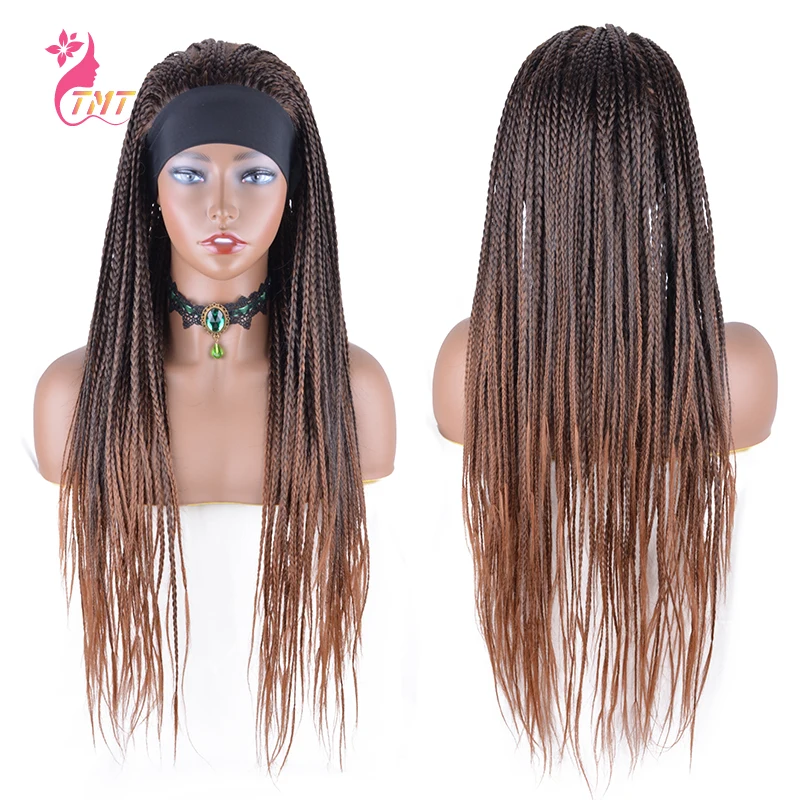 26 Inch Synthetic Headband Wigs Box Braided Wigs For Black Women Ombre Brown Blond Headband Wig Fake Scalp Heat Resistant Fiber synthetic hair wigs