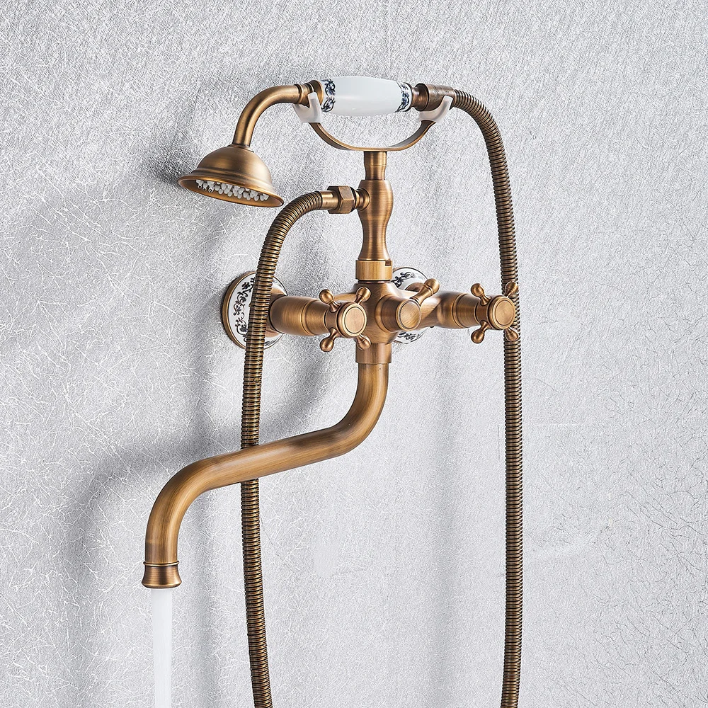 ก๊อกน้ำอาบน้ำทองเหลืองโบราณ ก๊อกน้ำฝักบัวทองเหลืองติดผนัง ก๊อกผสมอาบน้ำแบบติดผนัง หัวฉีดฝักบัว 24 ซม. 1
