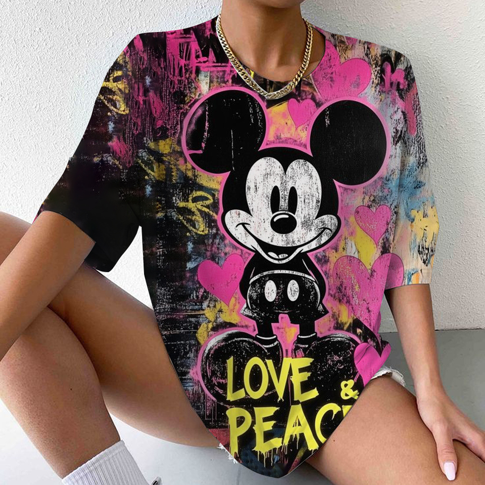2025 Cute Cartoon Mickey Mouse Minnie Printed T-shirt For Women Wen Kawaii Clothes Summer Short Sleeve O-neck Tees Casual Tops
