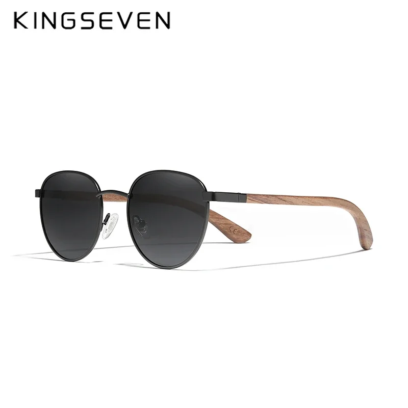 KINGSEVEN 패션 수제 블랙 월넛 우드 선글라스, 편광 미러 렌즈, 남성 UV400 운전