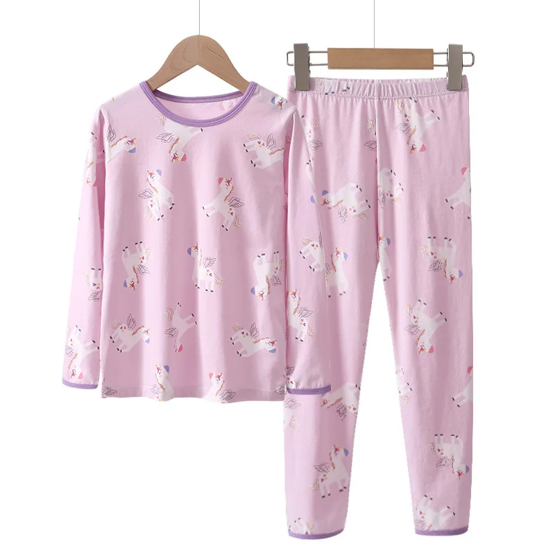 2Pcs 소녀 면 잠옷 세트 귀여운 딸기 프린트 라운드 넥 긴 소매 탑과 편안한 바지 100% 부드럽고 통기성