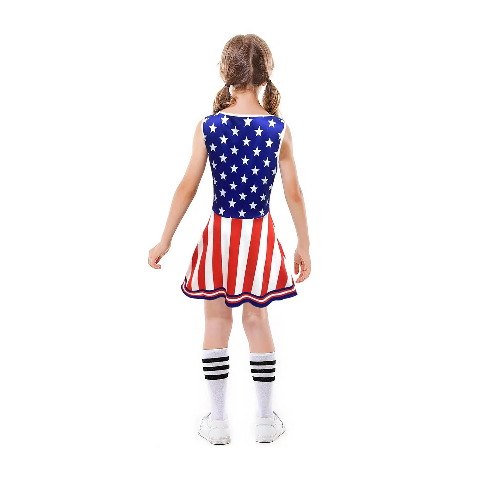 Kids Girls Cheer Leader Costume School Sports Cheerleading Uniform Print Ruffled Dress with Pom Poms Stripe Sock Cheer Outfit