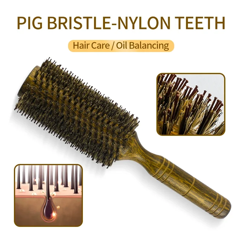 Professional 65mm Wood Round Hairbrush Roll Hairdresser Combs Boar Bristle Curly Hair Brush Straightening Brush For Hairdresser 2