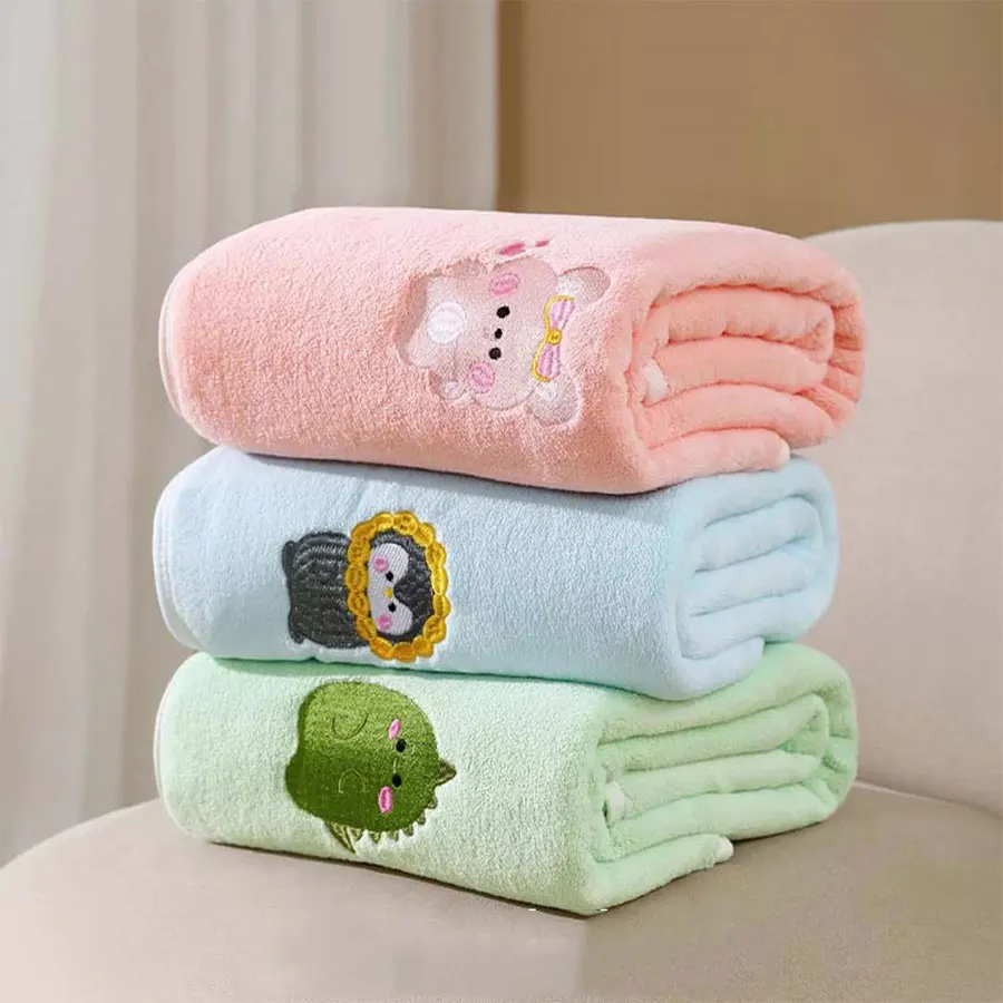 Baby Bath Towel Infant Swaddle Blanket Wrap Kids Cute Animal Embroidered Fleece Blanket Children's Soft Bathrobe Kids Blanket - 3