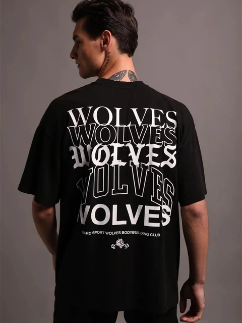 DARC SPORT WOLVES Black White Simple Letter Print Men's T Shirt