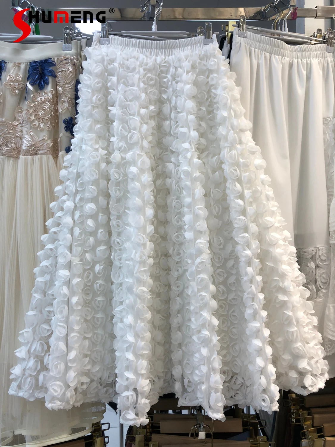 Women's Skirts Spring 2024 Elegant Age-Reducing A-Line Skirts Three-Dimensional Flower High Waist Fashion Mid-Length Skirt