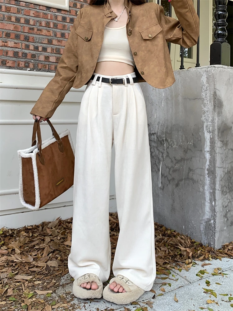 Maillard Coffee Corduroy Casual Pants For Women's Autumn And Winter New High Waist Slim Wide Leg Pants Straight Trousers