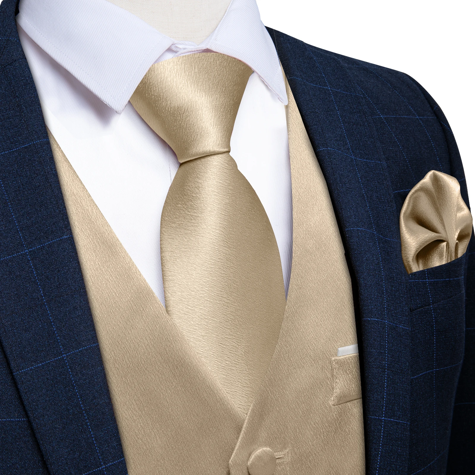 4Pcs Men's Champagne Satin Solid Suit Vest with 8cm Neck Tie Handkerchief Cufflinks for Wedding Prom Groom Waistcoat Clothing 2
