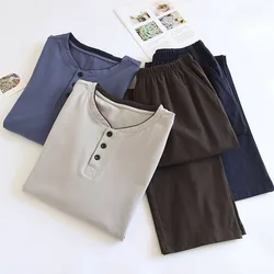 Men's Pure Cotton Pullover Pajamas AB Style Spring / Autumn Long Sleeved Pants Home Clothing Solid Color O-Neck Minimalist Set