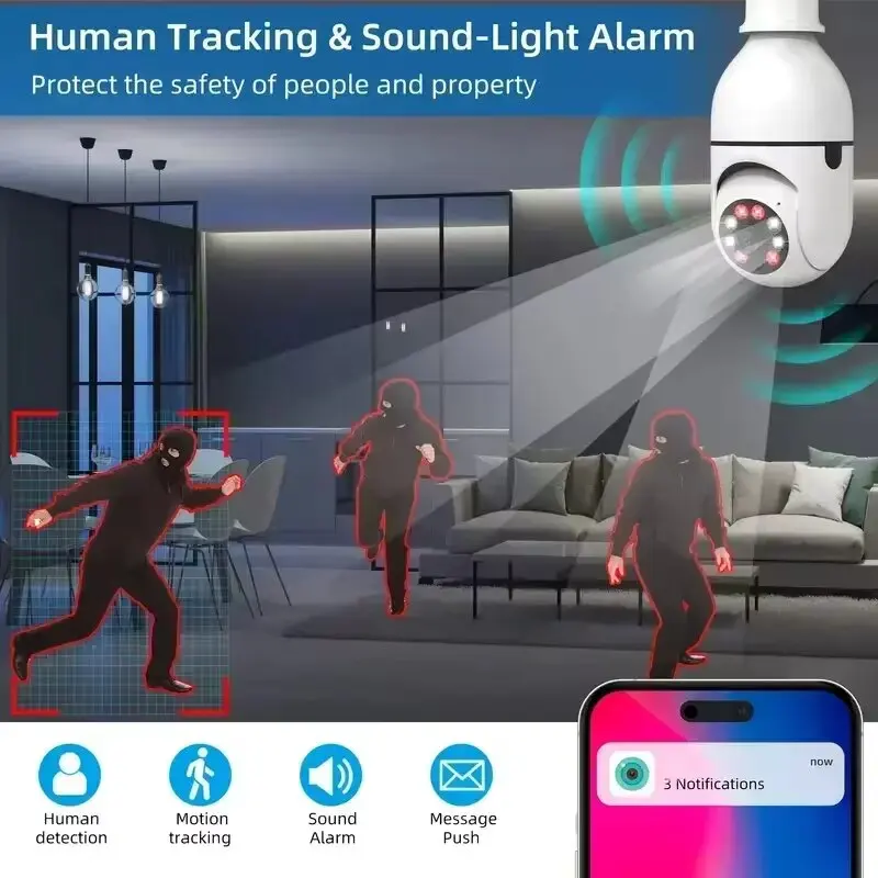 E27 Bulb Camera 4x Digital Zoom AI Human Movement Detection Full Color Night Vision Surveillance Camera Mobile APP mini camera