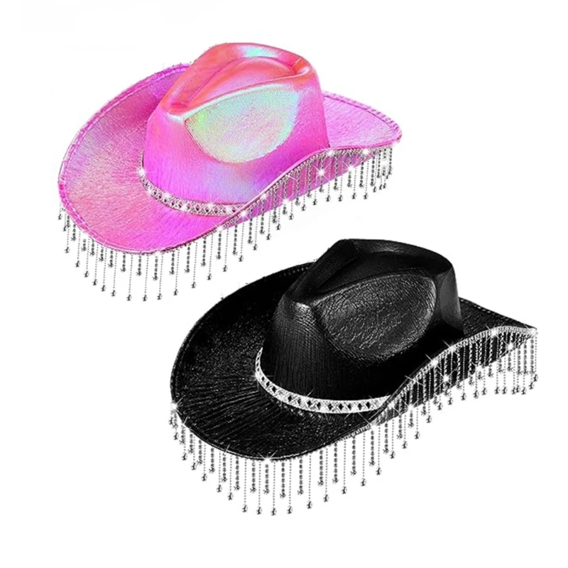 

Rhinestones Tassels Cowboy Hat for Women Teens Breathable Wide Brim Beach Hat Music Festival Hat Bachelorette Party Cap