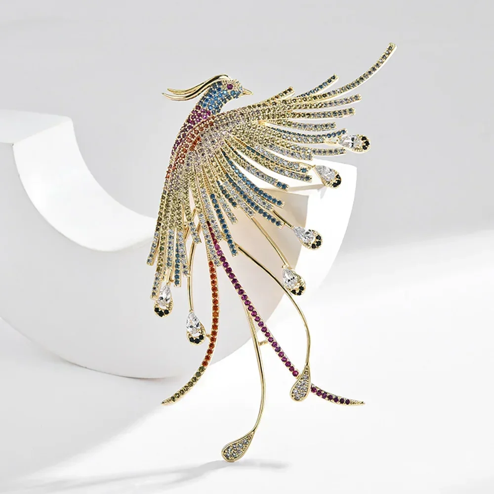 Noble Long Tail Phoenix Brooch Rhinestone Phoenix Crystal Pins Exquisite Color Painted Oil Suit Accessories Jewelry Gift