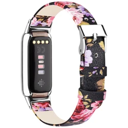 Genuine Leather Adjustable Replacement Wristband - Fitbit Luxe (Black Pink Flower)