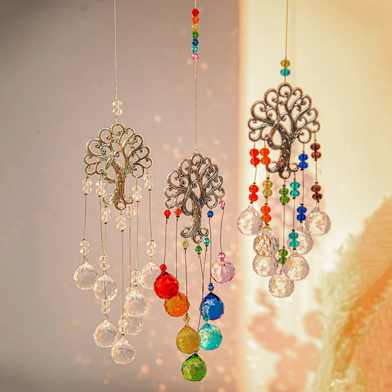Sun Catchers Window Ornament Crystal Pendant Crystal Sun Catchers Prisms Window Wind Chime Hanging Pendant Decoration Tree of Life Shape Home Garden Decor