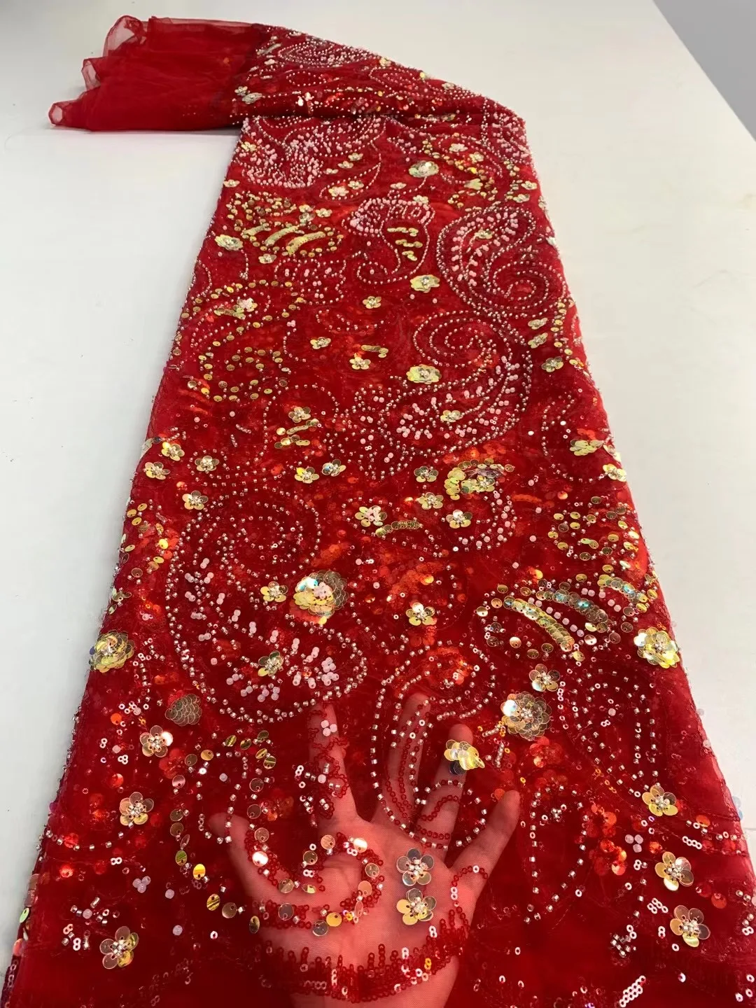 

2022 Latest High Quality Red African Luxury Sequins Voile Lace Swiss Handmade Beaded Tulle Fabric For Bride Wedding Dress Sew