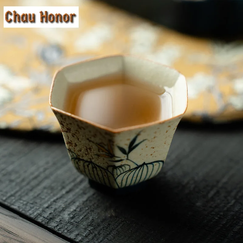 45ml Blue And White Flint Red Teacup Handmade Gold Drawing Bamboo Tea Bowl Hexagonal Sample Tea Cup Personal Master Cup Teaset